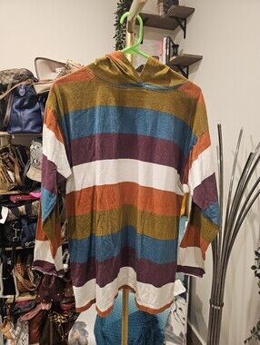 Vintage Striped Hooded Pullover Sweater in Mustard, Teal, Rust & White